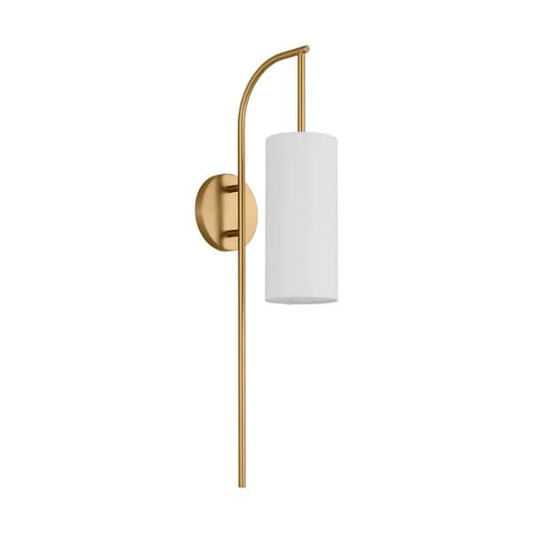 Generation Lighting Lowell Large 1- Light Burnished Brass Wall Sconce with a White Linen Fabric Shade