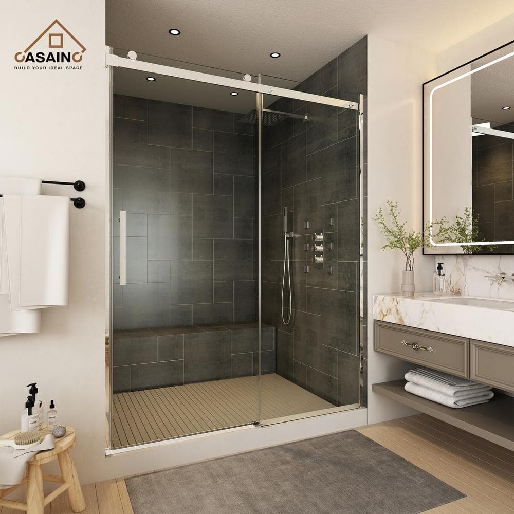 60" Chrome Frameless Sliding Shower Door with Tempered Glass