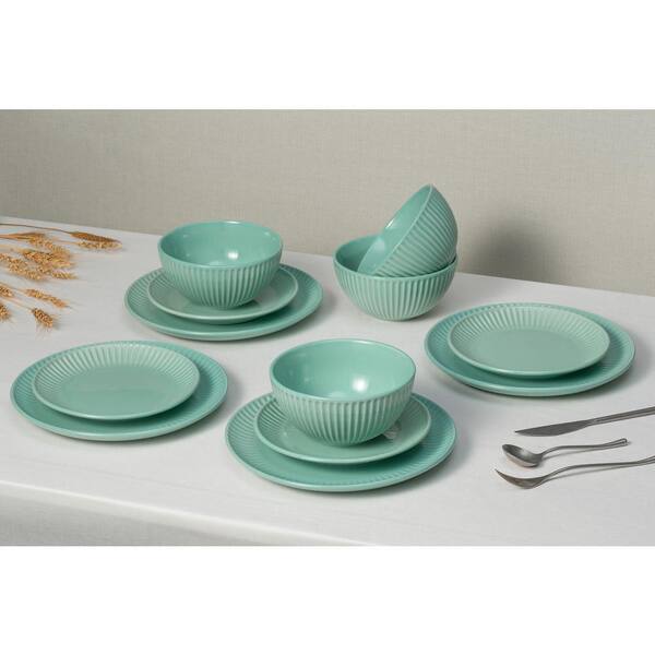 Details about   12-Piece Dinnerware Set Kitchen Dinner Plates Bowls Dishes Stoneware Teal 