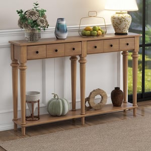 59.8 in. Old Pine Rectangle Wood Console Table with Open Shelf, Sculptural Legs and 4 Drawers