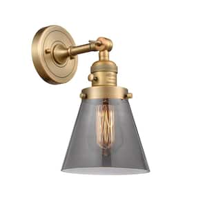 Cone 6.25 in. 1-Light Brushed Brass Wall Sconce with Plated Smoke Glass Shade with On/Off Turn Switch