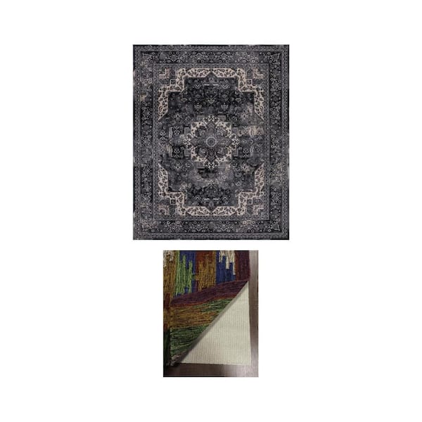 Angora Anthracite 8 ft. x 10 ft. Medallion Area Rug and Deluxe 8 ft. x 10 ft. Rug Gripper Pad