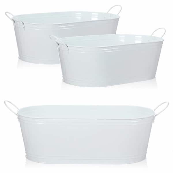 3-Pack Oval Galvanized Metal Beverage Tubs, 6-Gallon Extra Large Ice Buckets, 22 x 11.25 x 7.5 in., White