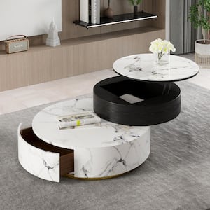 35 in. Black/White Round Wood Top Coffee Table Set with Nesting Table