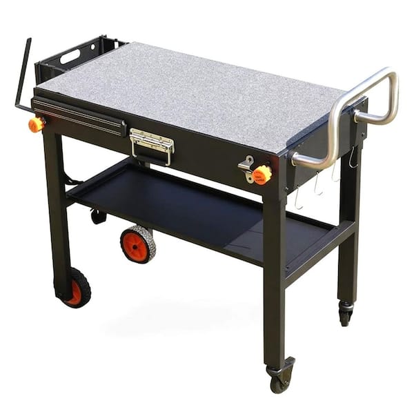 Folding Grill Table with Wheels, Black Steel, Magnetic Tool Holder, Shelf, Towel & Propane Hose Management