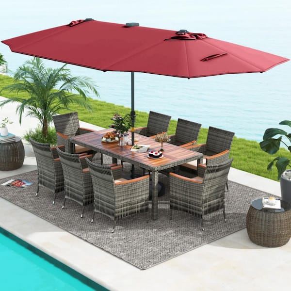 11-Piece Wicker Rectangle Outdoor Dining Set with Beige Cushions and 15 ft. Red Patio Umbrella