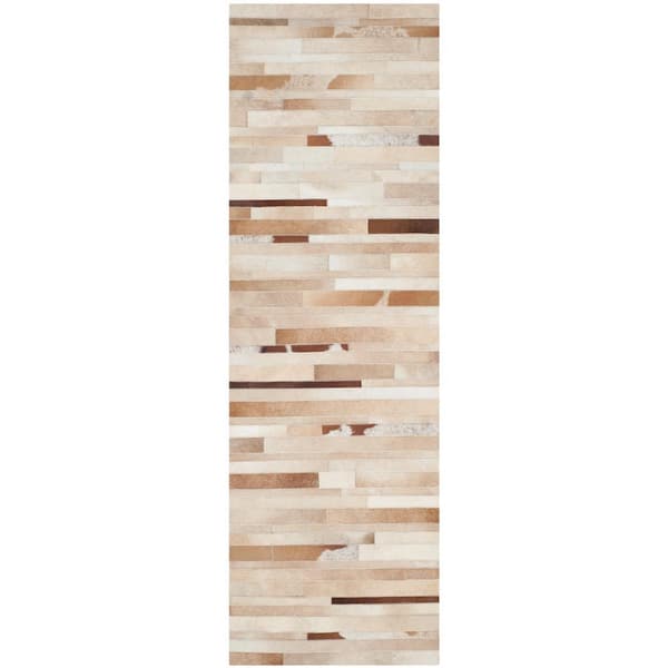 SAFAVIEH Studio Leather Tan/Ivory 2 ft. x 11 ft. Striped Abstract Runner Rug