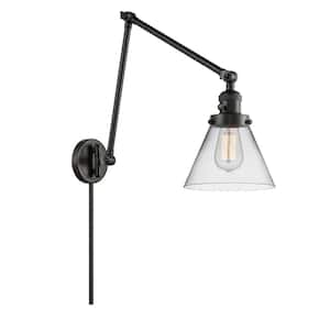 Cone 8 in. 1-Light Matte Black Wall Sconce with Clear Glass Shade with On/Off Turn Switch