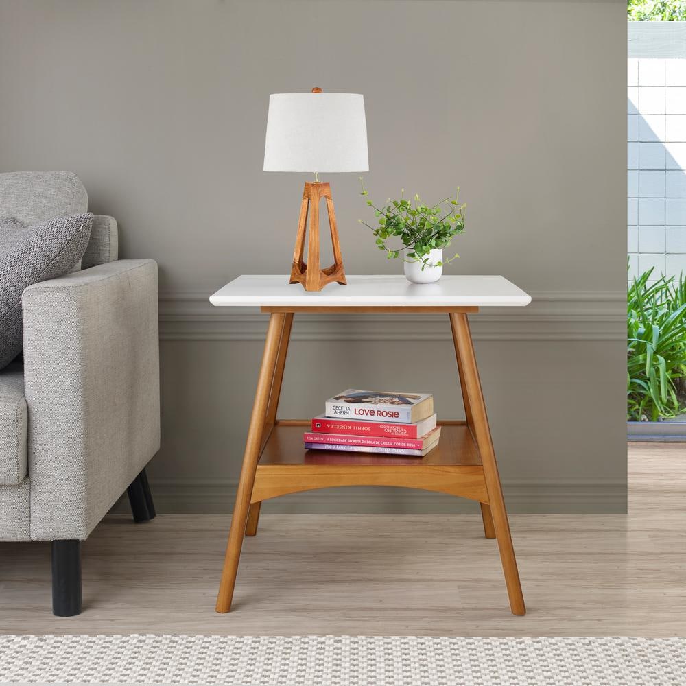 Mid-Century Modern Pine End Table in White and Brown