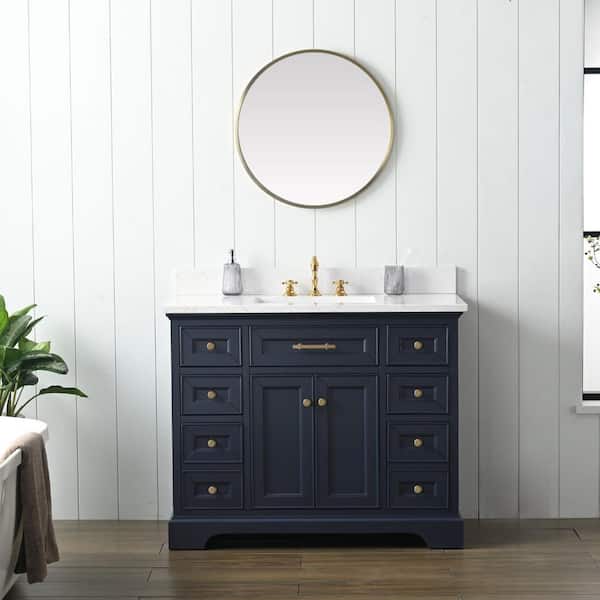 SUDIO Thompson 42 in. W x 22 in. D Bath Vanity in Indigo Blue with Engineered Stone Top in Carrara White with White Sink