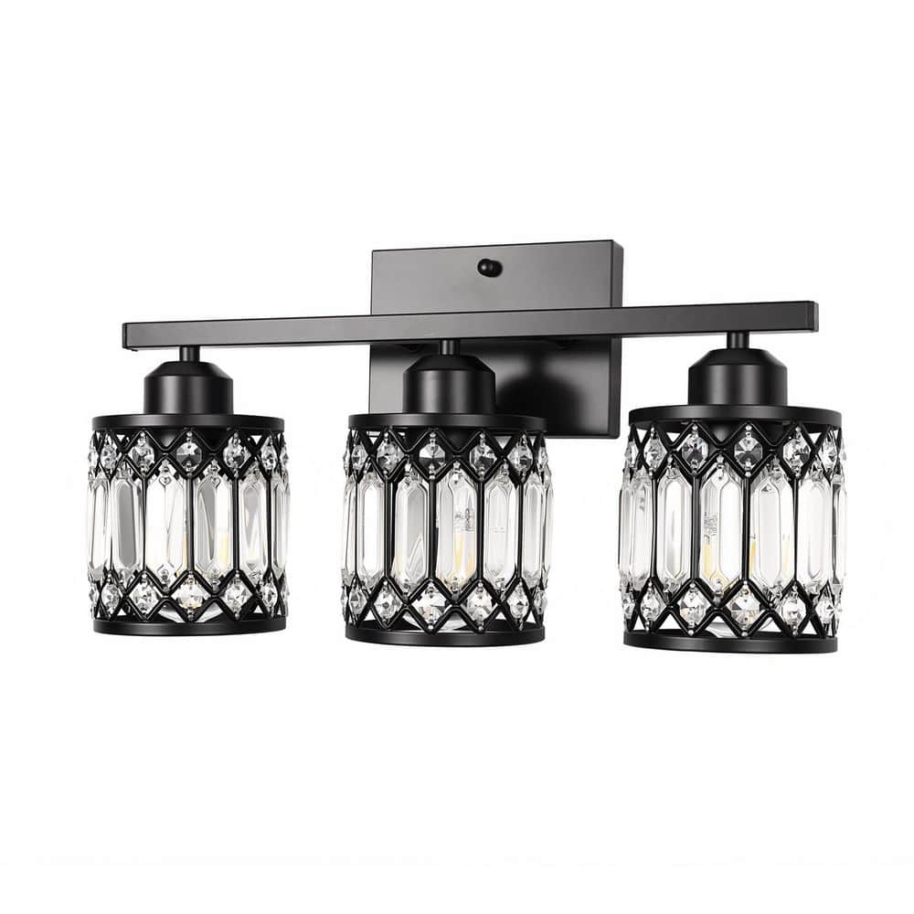 19 in. 3-Light Matte Black Crystal Vanity Light, Modern Bathroom Wall Light with Cylinder Shades for Mirror Vanity price history on PriceWatchPro