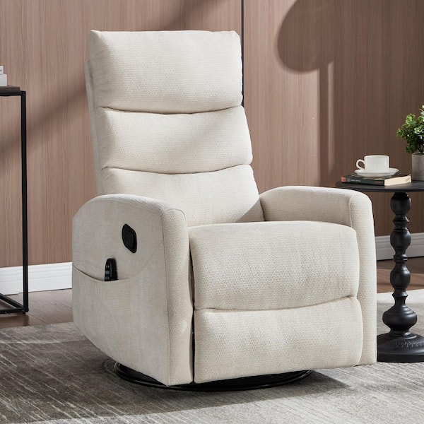 Beige 360° Swivel Manual Chenille Recliner Rocker Chair with Massage and Heat