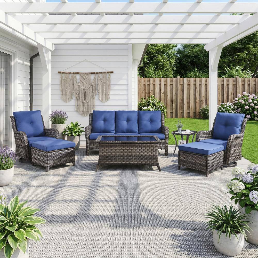 ArcLine 7-Piece Gray Wicker Patio Conversation Set with Olefin Blue Cushions and Swivel Glider Chairs/Sofa price history on PriceWatchPro