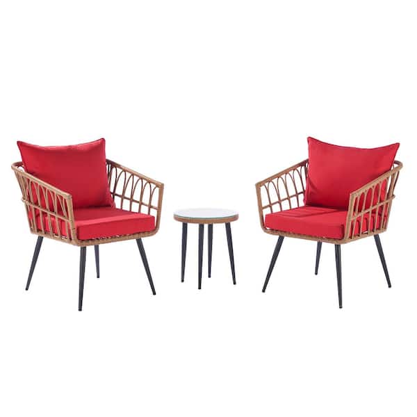 Sudzendf 3-Piece Wicker Patio Conversation Set with Red Cushions