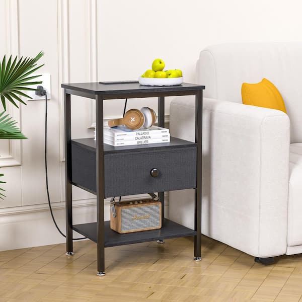 End Table with Charging Station, USB Ports, Fabric Drawer & Open Shelf – Black Nightstand for Bedroom & Living Room