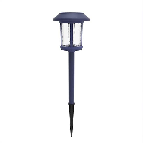 Hampton Bay Hawthorne 14-Lumens Navy Blue Solar LED Ice Glass Lens and Vintage Bulb Weather Resistant Outdoor Path Light (4-Pack)