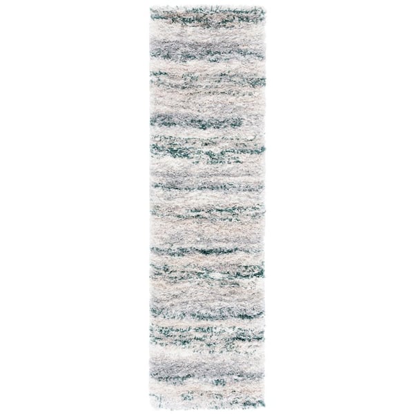 Fontana Shag 2 ft. x 8 ft. Ivory/Green Striped Abstract Runner Rug