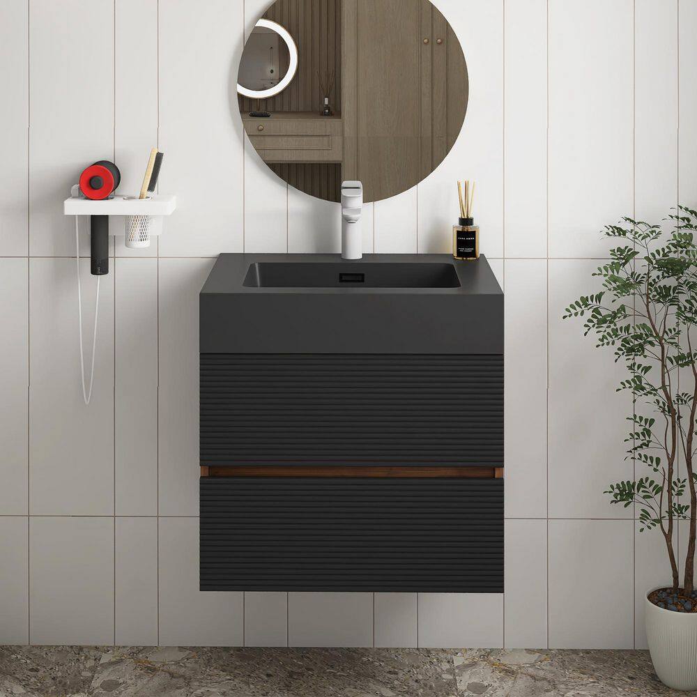 24 in. Wall Mounted Black+Brown Bath Vanity with Black solid surface Top Unassembled price history on PriceWatchPro