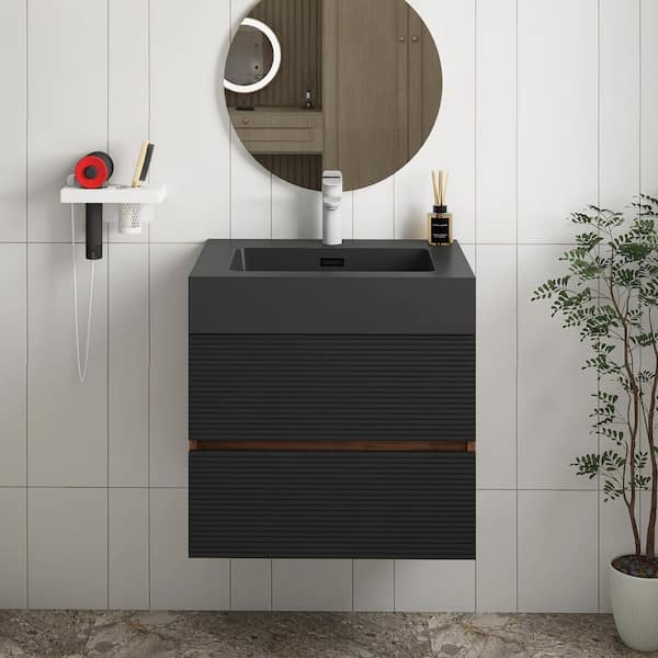 24 in. Wall Mounted Black+Brown Bath Vanity with Black solid surface Top Unassembled