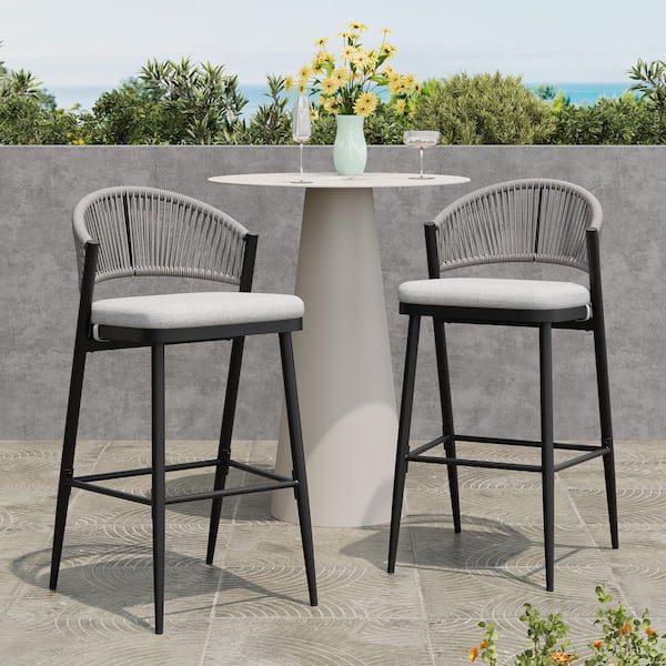 CHRISTOPHER KNIGHT HOME Chamberlain 30.25 in. Patio Metal and PE Rattan Outdoor Bar Stools with Light Grey Cushions, Matte Black, Set of 2
