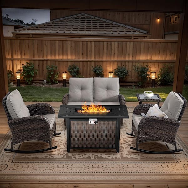 Brown 5-Piece Wicker Patio Fire Pit Set, Outdoor Glider Seating Set with Olefin Beige Cushions and Rocking Chairs
