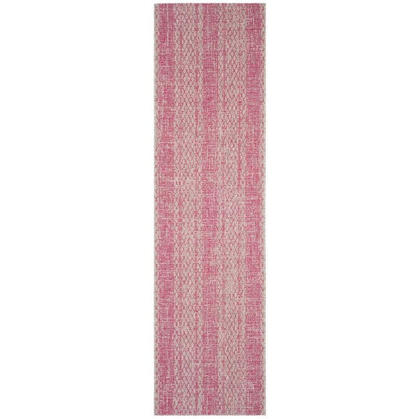 Courtyard Light Gray/Fuchsia 2 ft. x 11 ft. Distressed Striped Diamond Indoor/Outdoor Runner Rug