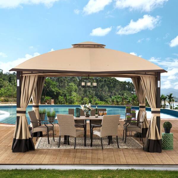 Sunjoy Wynonna 11 Ft X 13 Ft Tan And Brown Gazebo With Led Lighting And Bluetooth Sound 169292 The Home Depot