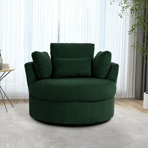 Green Corduroy Fabric Upholstered 360° Swivel Accent Barrel Chair with Pillows (Set of 1)