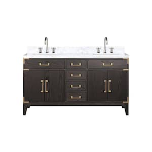 Fossa 60 in W x 22 in D Brown Oak Double Bath Vanity, Carrara Marble Top, and Faucet Set