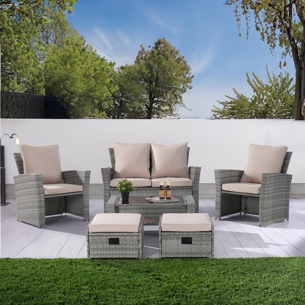 BFB 6-Piece Wicker Patio Conversation Set, Seating Set with Ottoman