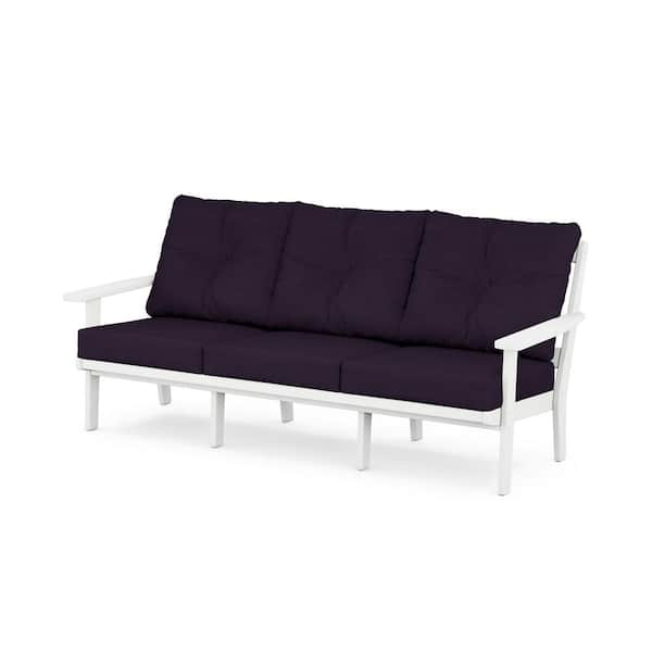POLYWOOD Prairie Plastic Outdoor Deep Seating Couch in White with Navy Linen Cushions