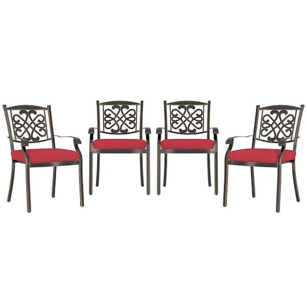 Regal Haven Cast Aluminum Outdoor Dining Chair with Flower-Shaped Backrest Patio Side Chair with Red Cushions (Set of 4)