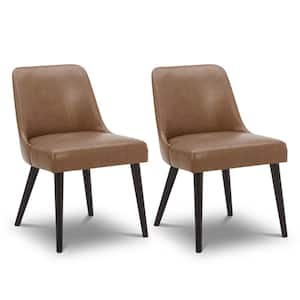 Leo Saddle Brown Mid-Century Modern Dining Chairs with PU Leather Seat and Wood Legs for Kitchen (Set of 2)