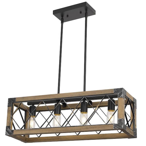 LamQee 4-Light Brown Farmhouse Chandeliers Rectangular Wood Island Light Fixture