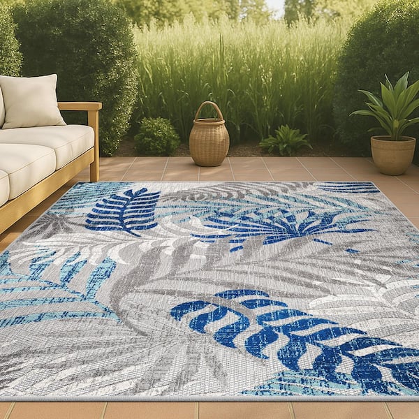 Tropics Palm Leaves Gray/Blue 4 ft. x 6 ft. Indoor/Outdoor Area Rug