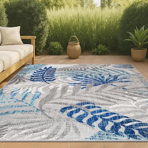 Tropics Palm Leaves Gray/Blue Indoor/Outdoor 8 ft. x 10 ft. Area Rug
