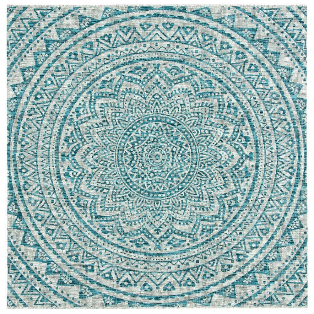 Light Grey & Teal Square Synthetic Indoor/Outdoor Rug - 31"