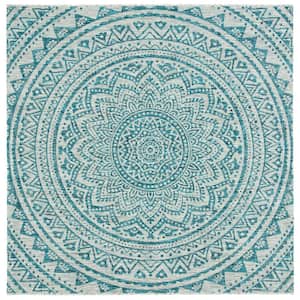 Courtyard Light Gray/Teal 3 ft. x 3 ft. Square Medallion Indoor/Outdoor Area Rug