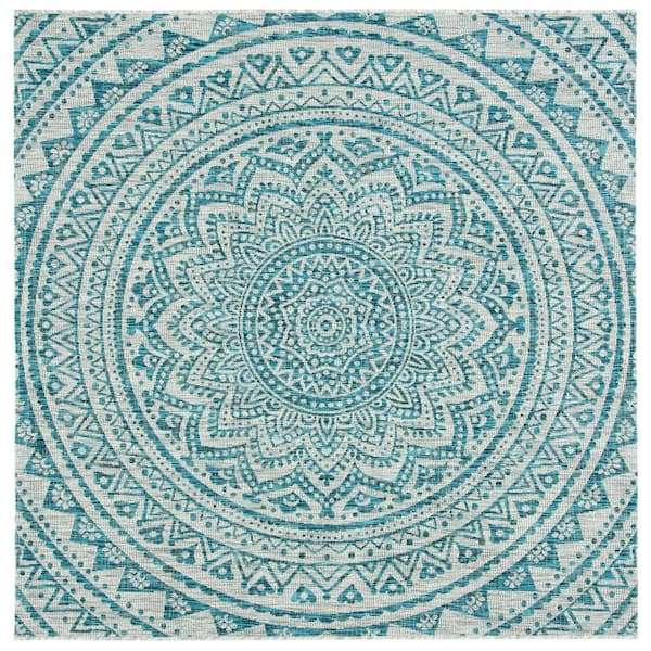 Courtyard Light Gray/Teal 8 ft. x 8 ft. Medallion Indoor/Outdoor Patio  Square Area Rug