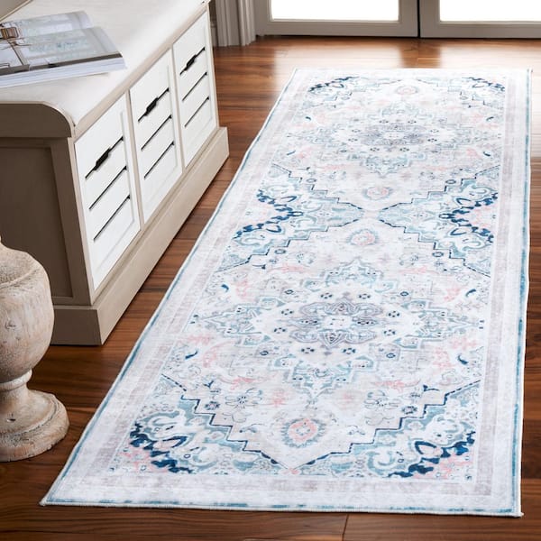 Arizona 3 ft. x 9 ft. Ivory/Aqua Medallion Washable Runner Rug