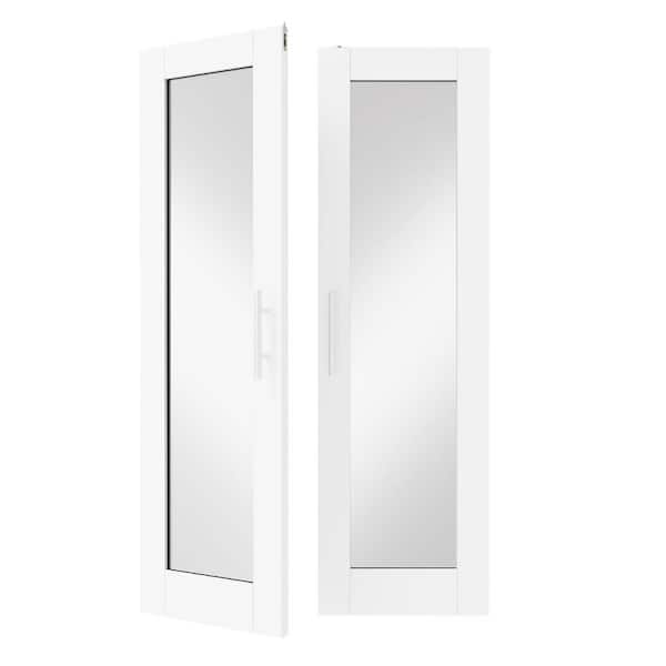 TENONER 48in. x 80in. Solid Wood & MDF, Full Lite, Mirrored Glass, White Primed, Pantry Door, Interior Door Slab With Ball Catch