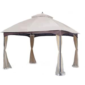 10 x 12  ft. Soft Top Metal Gazebo with Mosquito Net & Sunshade Curtains, Sturdy Heavy Duty Double Roof Canopy