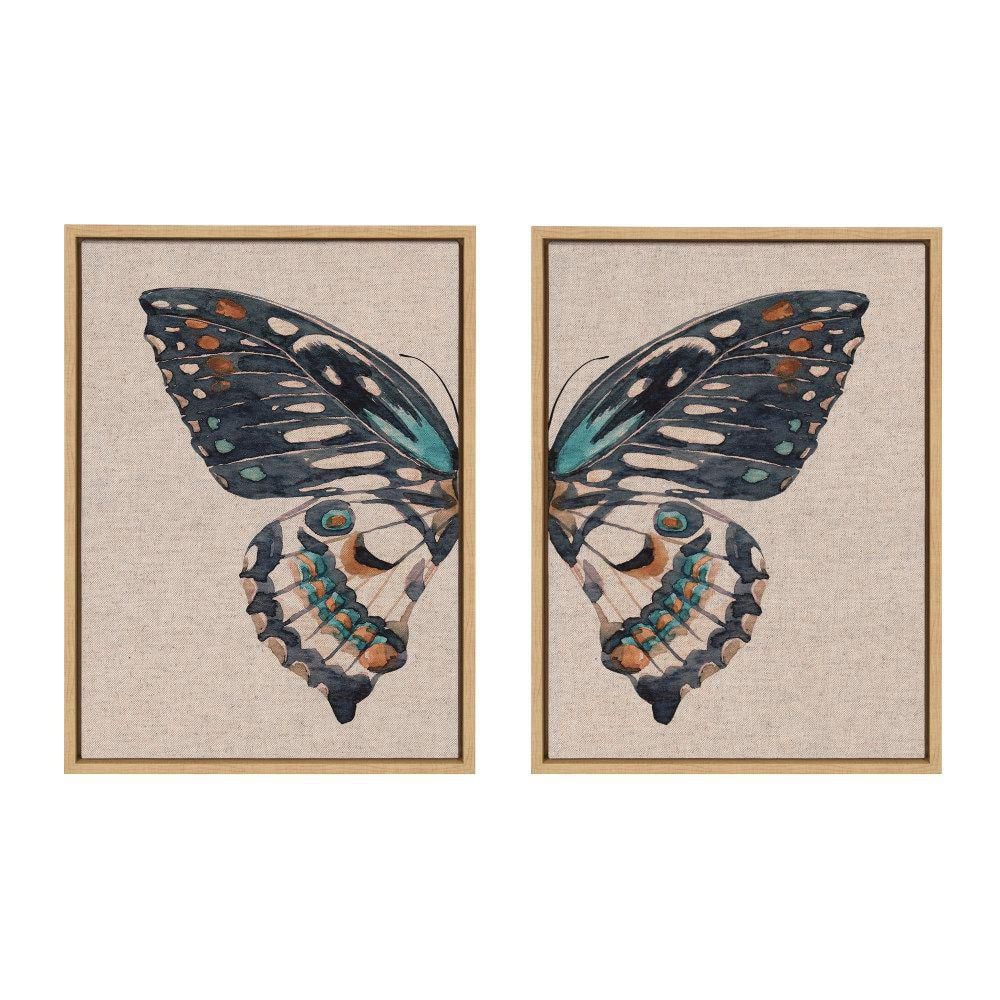 Natural Linen Framed Butterfly Watercolor Canvas Art Set