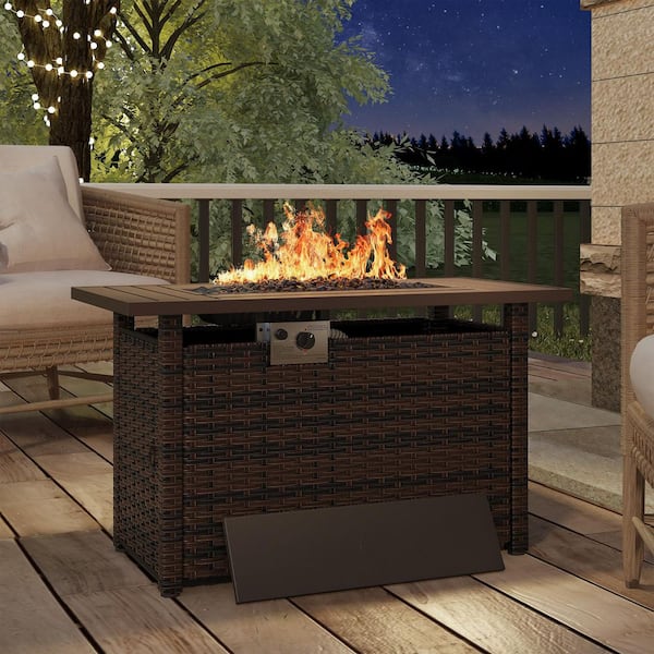 Brown 44 in. 50000 BTU Fire Pit Table Wicker Rectangular Propane Gas Firepit Table with Wood Grain and Waterproof Cover
