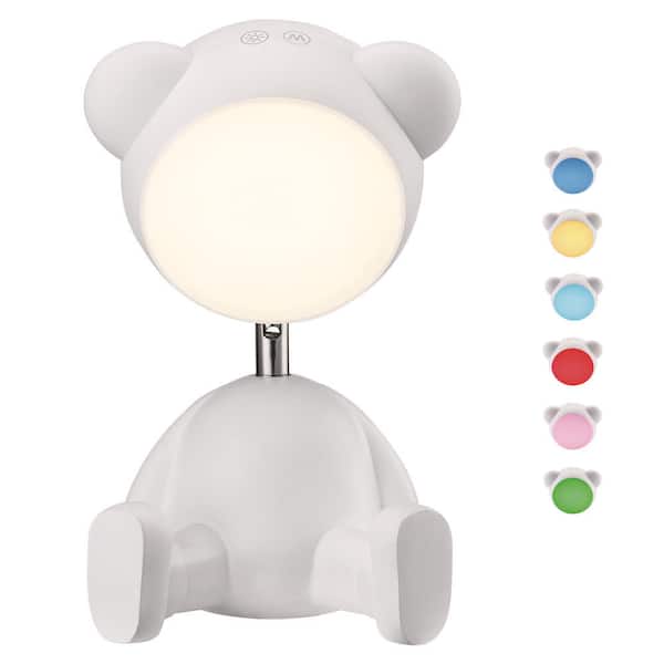White 11.125 in. Indoor Teddy Bear Table Lamp with Dimmable and RGB Color Changing Features