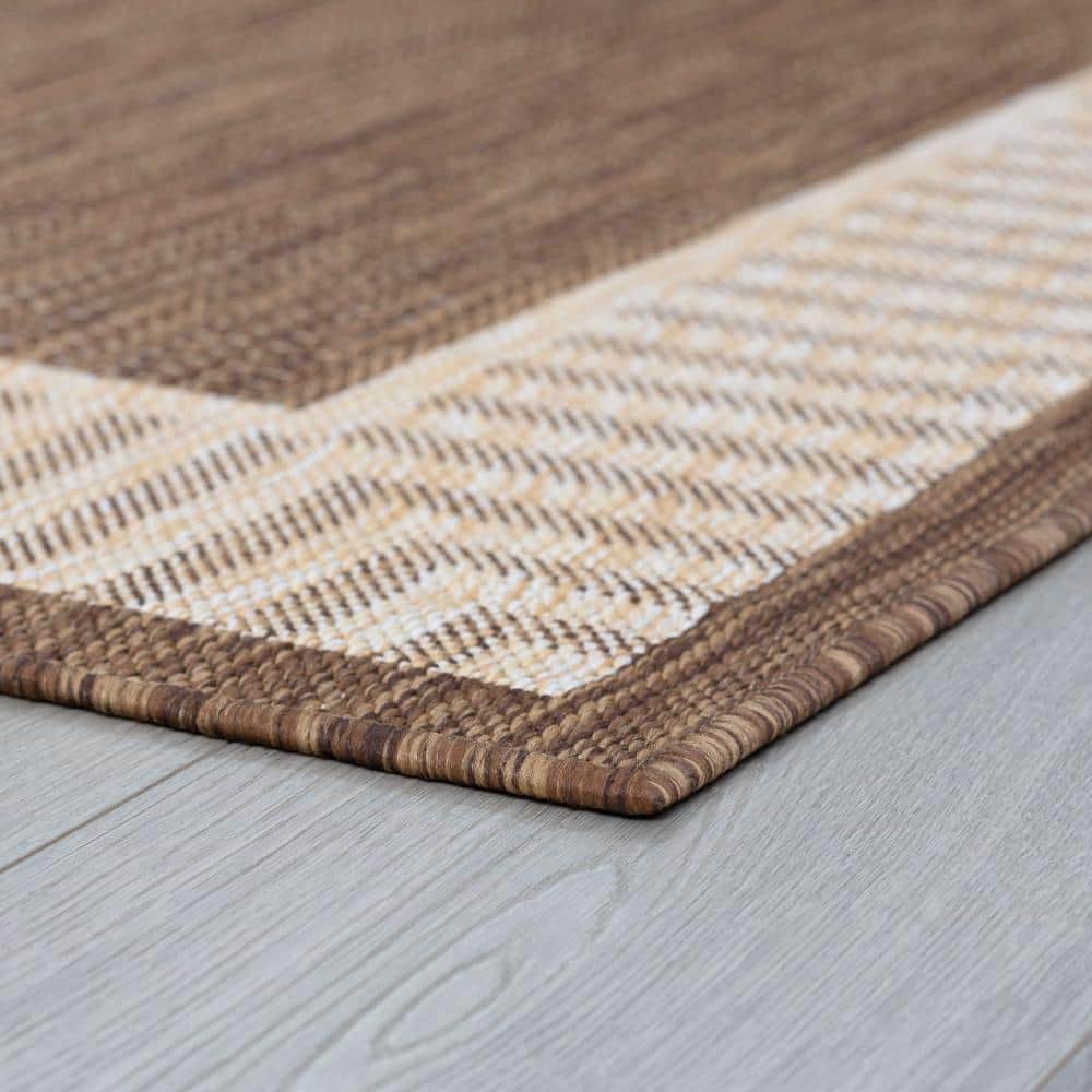 Brown and Beige Synthetic Rectangular Area Rug with Striped Border