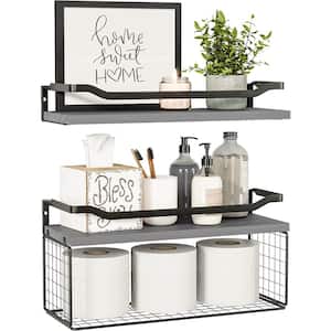 15.7 in. W x 6 in. D Grey Wood Decorative Wall Shelf, Floating Shelves with Wire Storage Basket