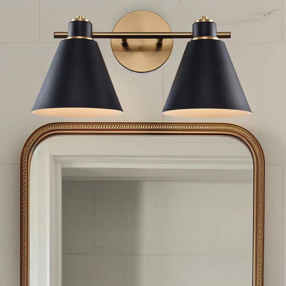 Forge 15.5 in. 2-Light Black and Gold Bathroom Vanity Light Fixture with Metal Cone Shades price history on PriceWatchPro