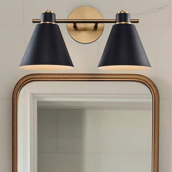 Forge 15.5 in. 2-Light Black and Gold Bathroom Vanity Light Fixture with Metal Cone Shades