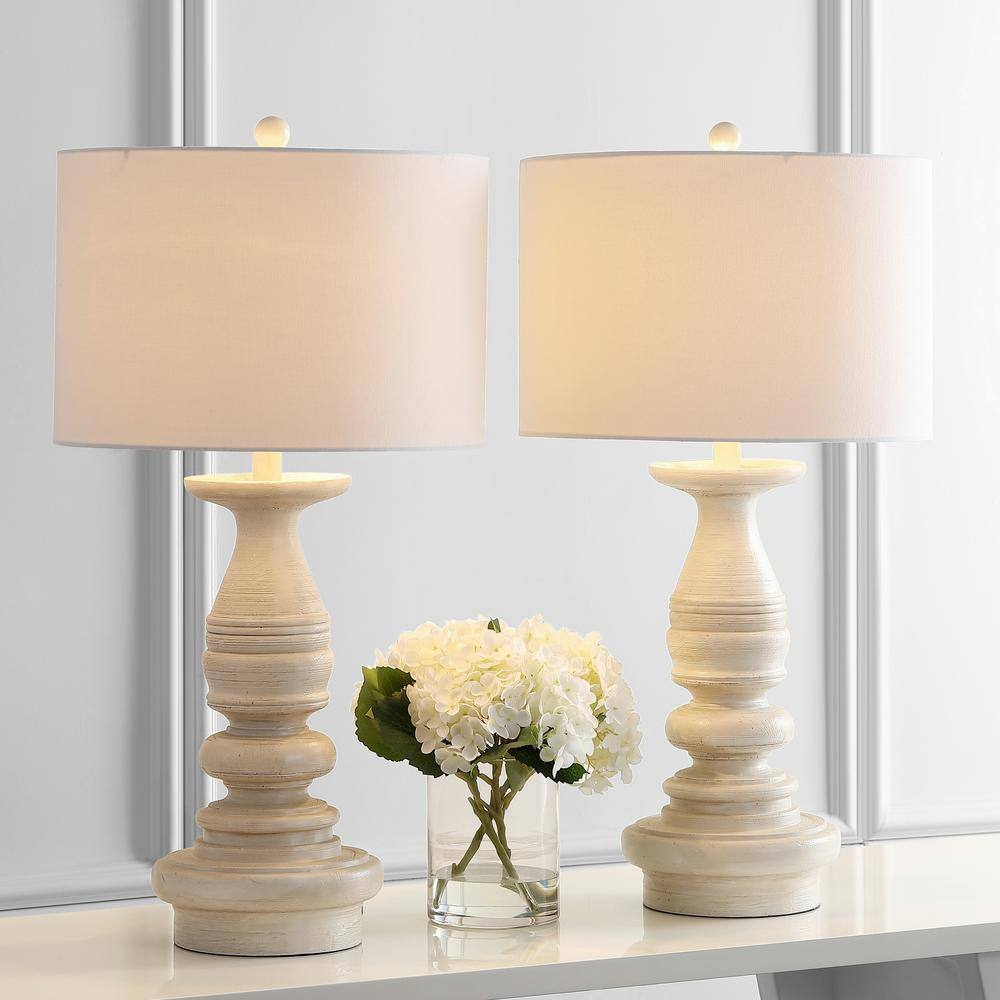Jareth White Wash Traditional Table Lamp Set with Cotton Shade
